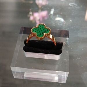 Stainless Steel Gold and Green Clover Women's Ring